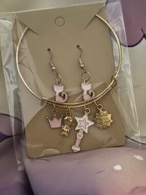 Gold Charm Bangle Bracelet with Pink Enamel Charms